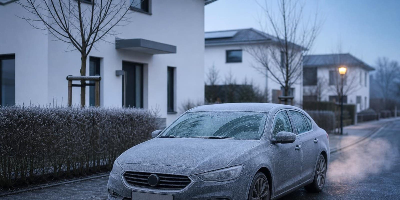 Bereiftes Auto steht an einem kalten Wintermorgen mit leichtem Abgasdunst in einer Wohnstrasse.