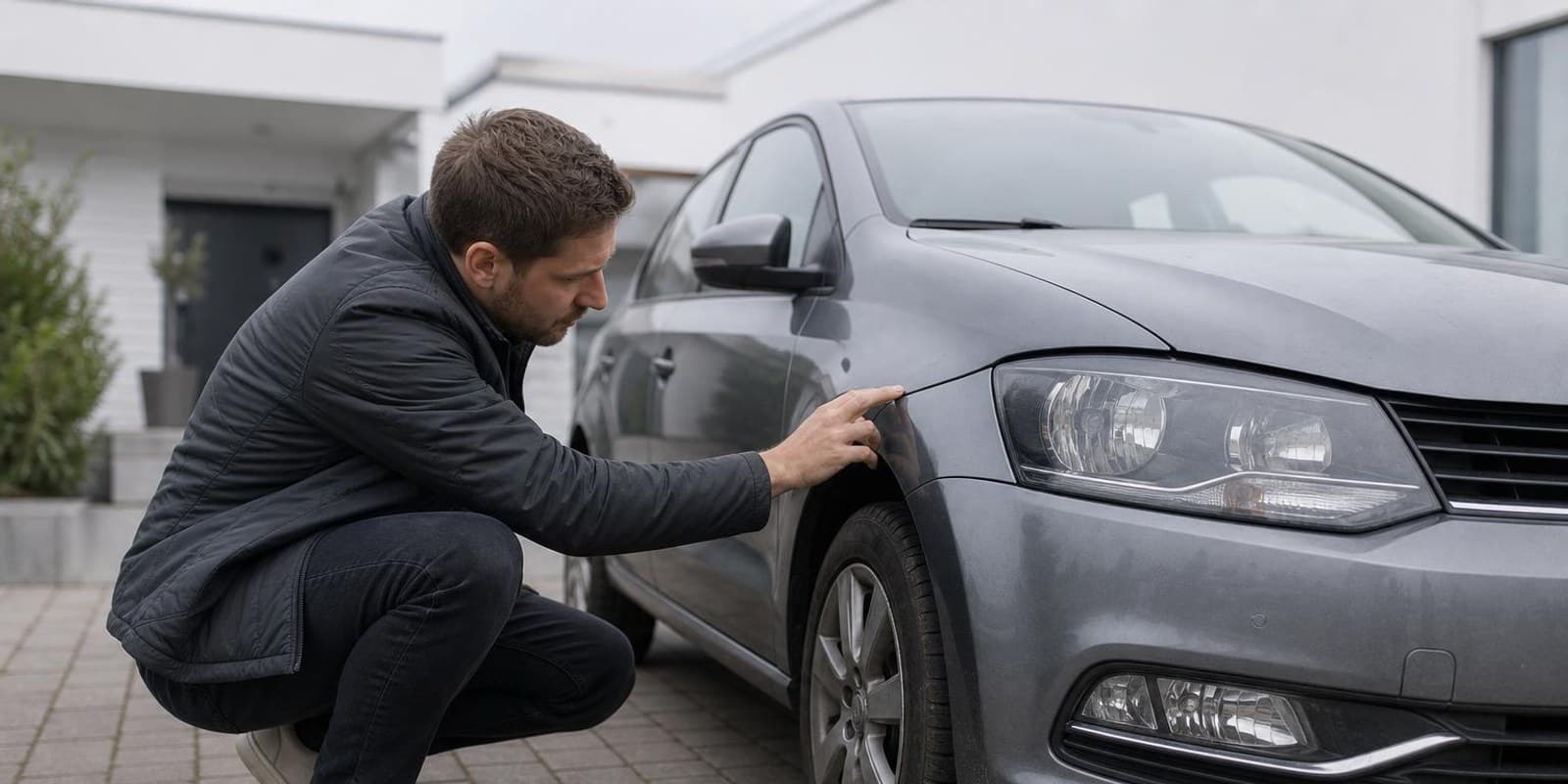 Person hockt an der Fahrzeugfront und prueft mit den Fingern den Spalt zwischen Motorhaube und Kotfluegel.