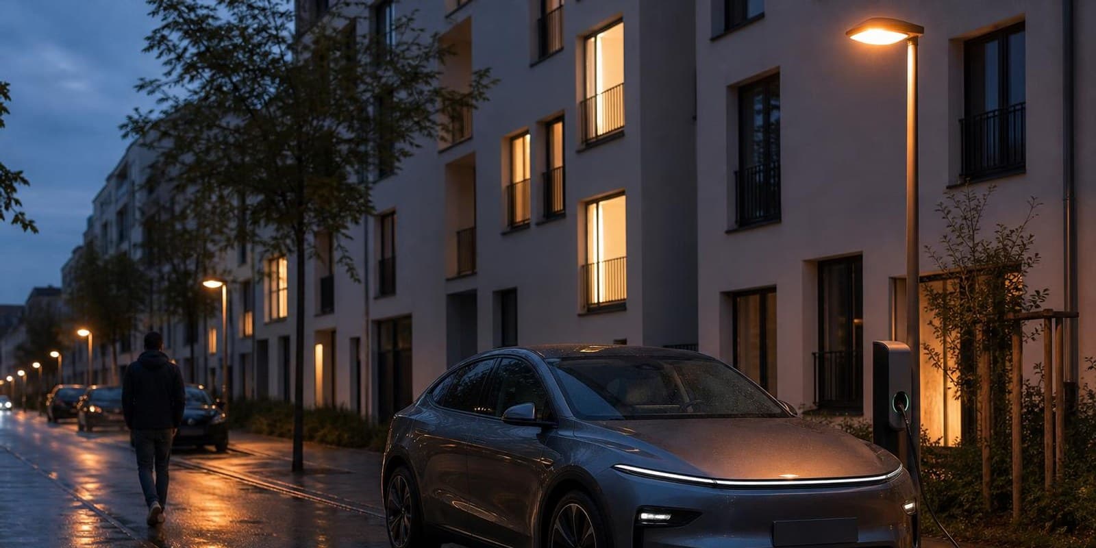 Elektroauto parkt abends an der Strasse und laedt an einer schmalen Ladesaeule am Bordstein.