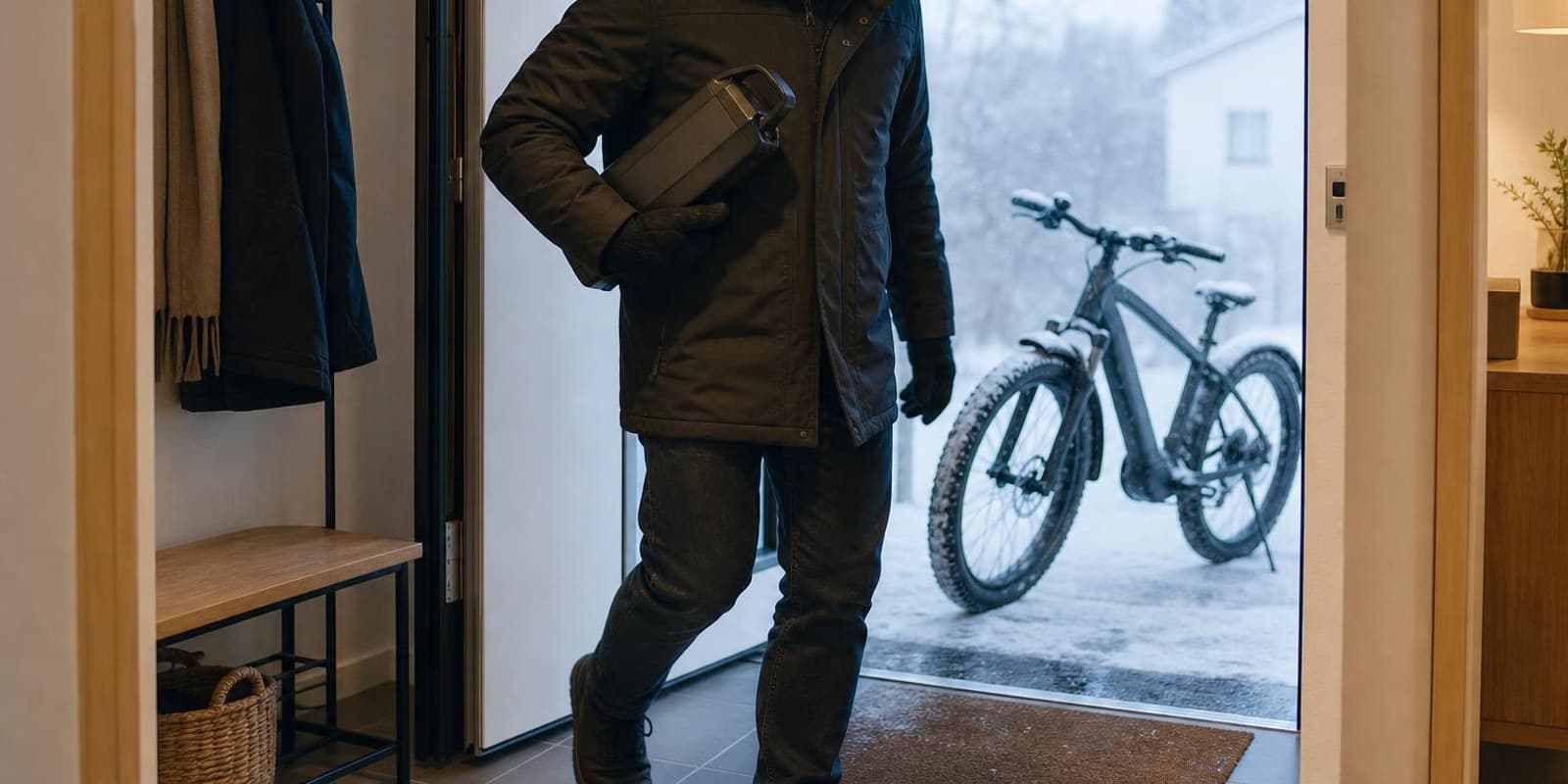 Person traegt den abgenommenen E-Bike-Akku in den warmen Flur, das Rad steht noch im kalten Hauseingang.