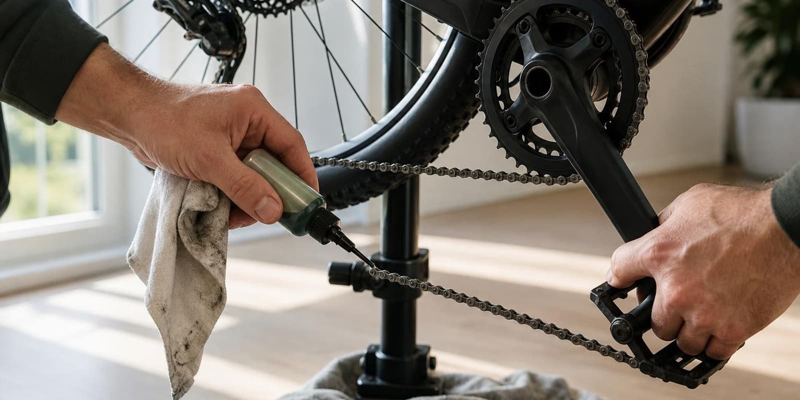 Zwei Haende oelen an der Fahrradkette, waehrend die Kurbel langsam rueckwaerts gedreht wird.