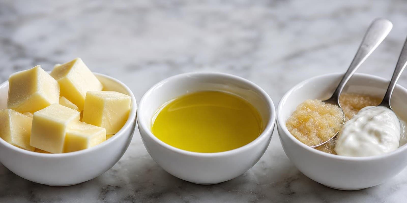 Butterwuerfel, ein Spiegel aus Oel, Apfelmus und Joghurt stehen zum Vergleich nebeneinander.