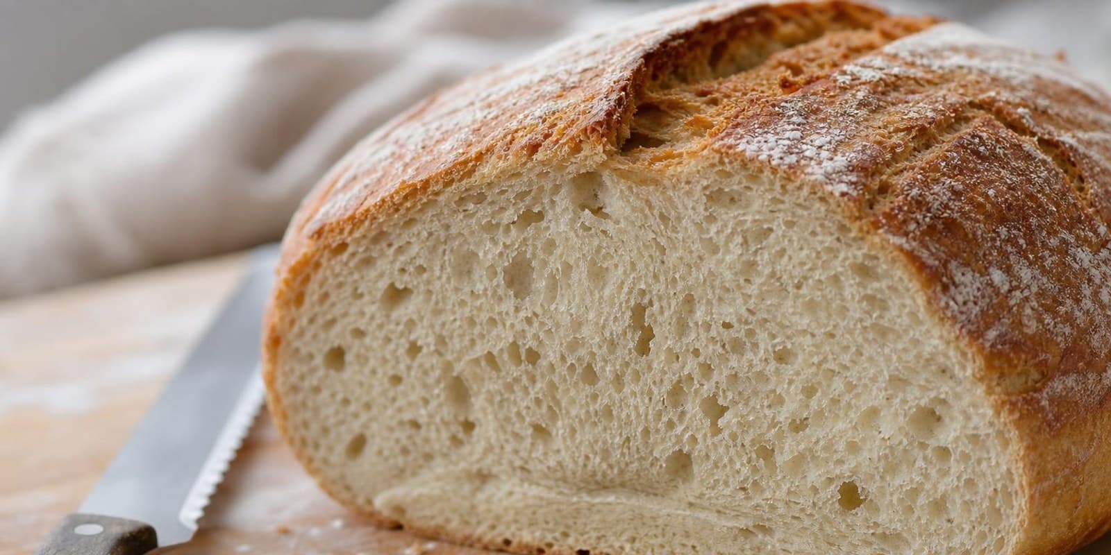 Aufgeschnittener Brotlaib zeigt im Anschnitt die Krume mit dichter Zone am Boden.