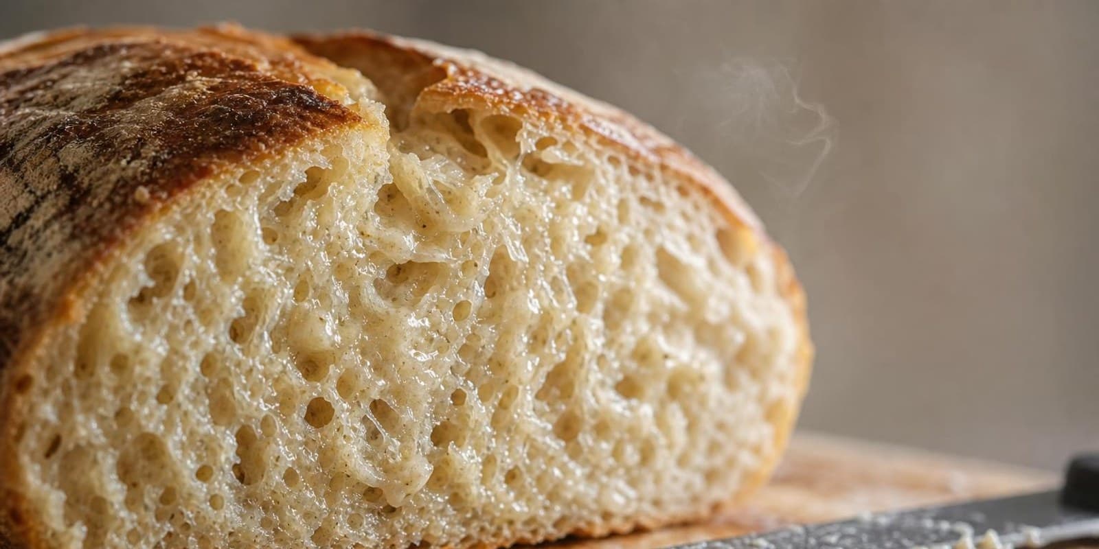 Angeschnittenes Brot mit dichter, speckiger Krume, am Messer daneben klebt feuchter Teig.