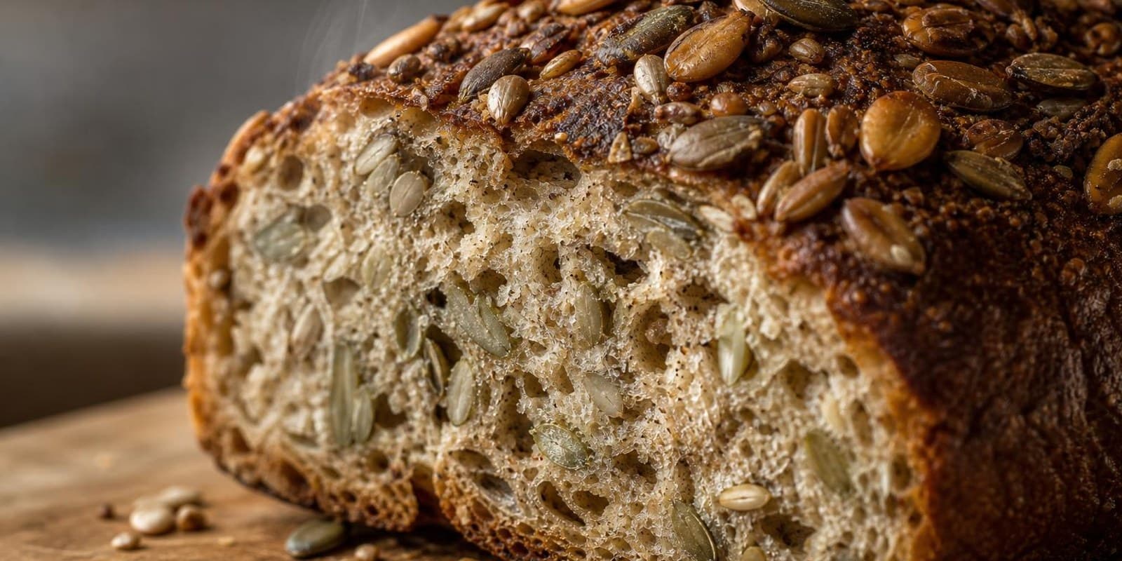Angeschnittenes Koernerbrot mit saftiger Krume voller Sonnenblumen- und Kuerbiskerne auf einem Holzbrett.