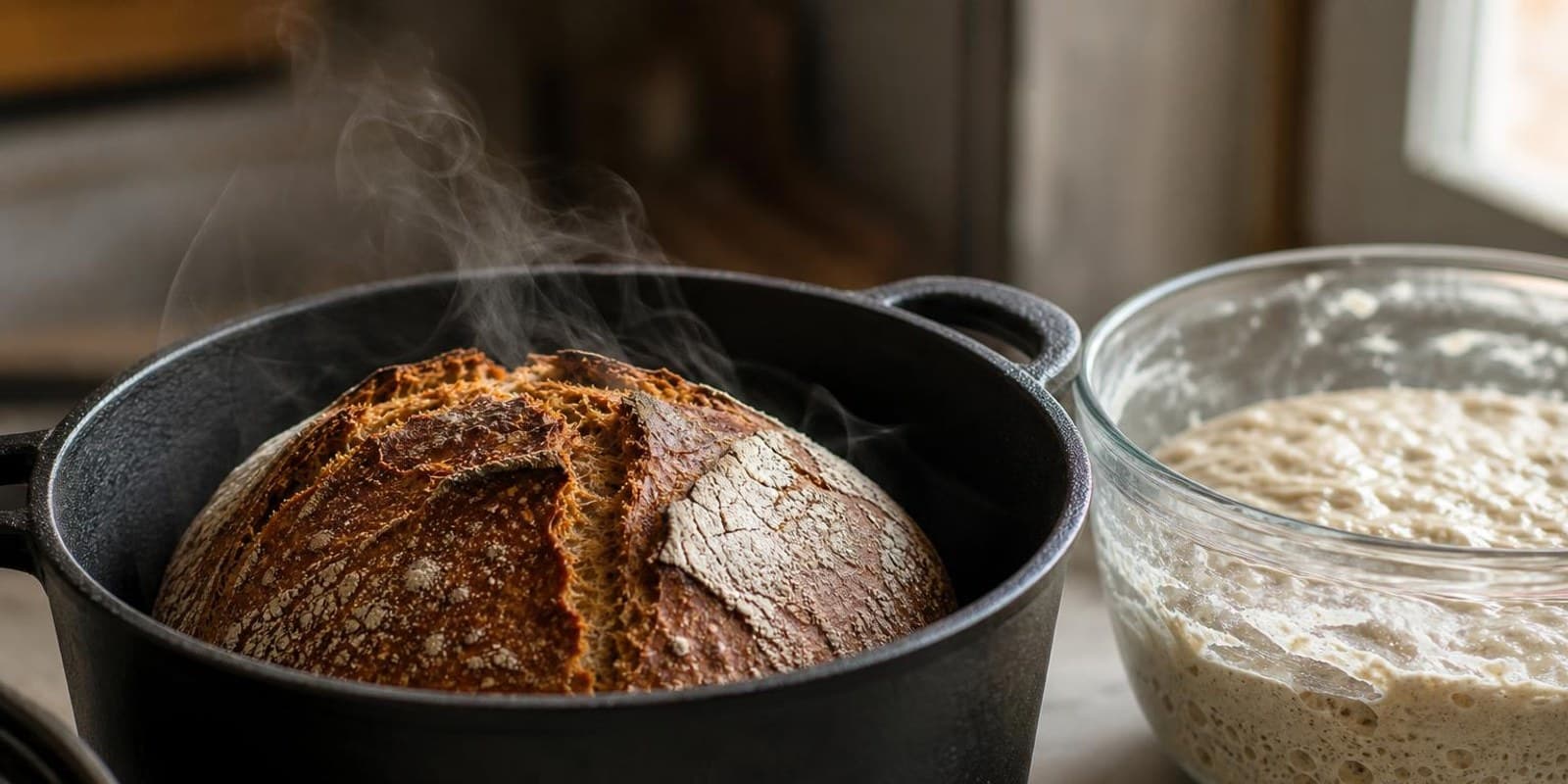 Knuspriges No-Knead-Brot im gusseisernen Topf, daneben der blasige Teig in einer Glasschuessel.