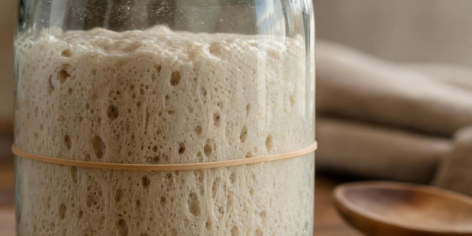 Glas mit aktivem, blasigem Sauerteig-Anstellgut auf der Kuechenarbeitsflaeche.
