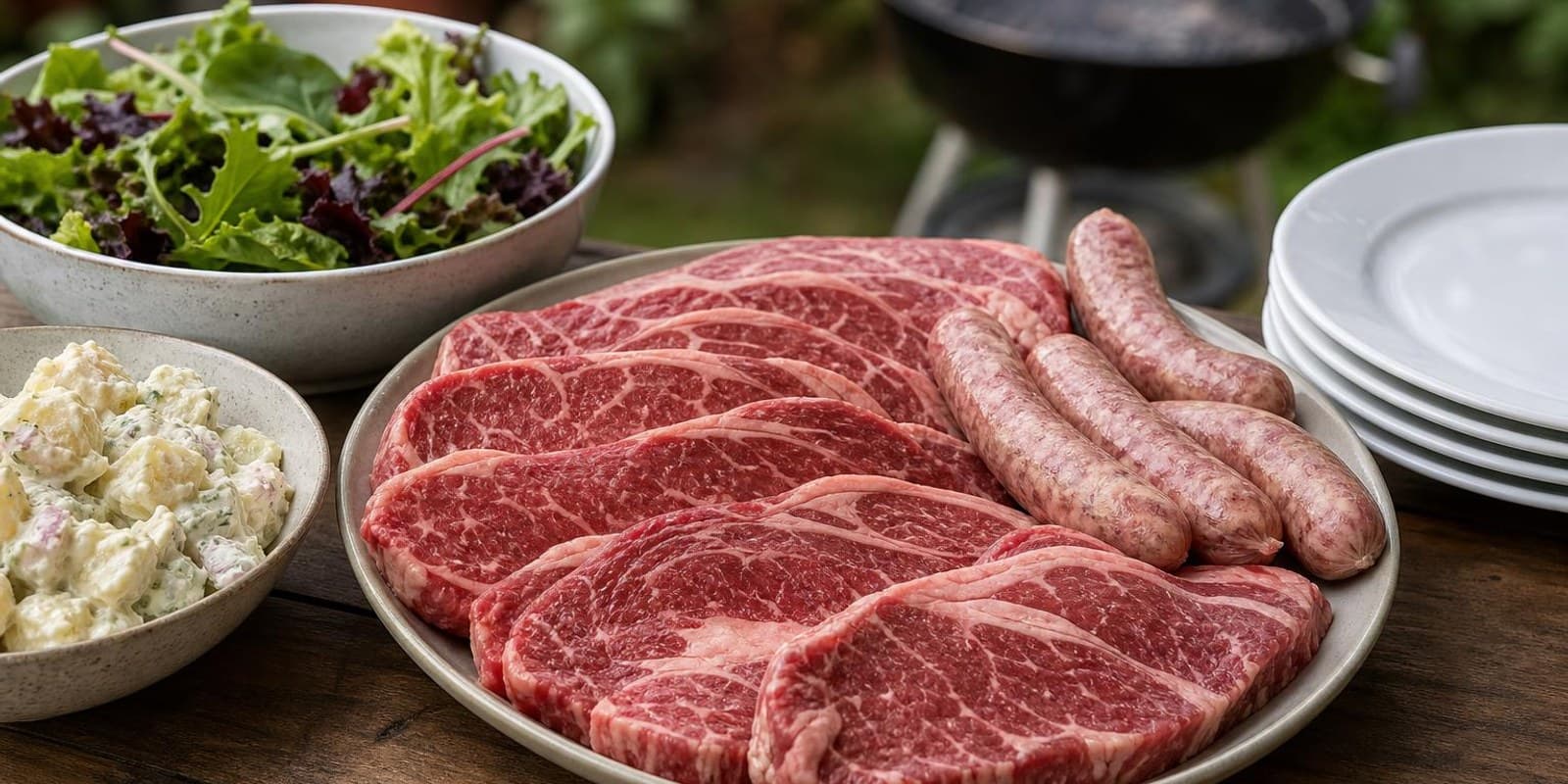 Gedeckter Grilltisch mit portioniertem Fleisch, Wuersten und Salatschuesseln fuer mehrere Gaeste.