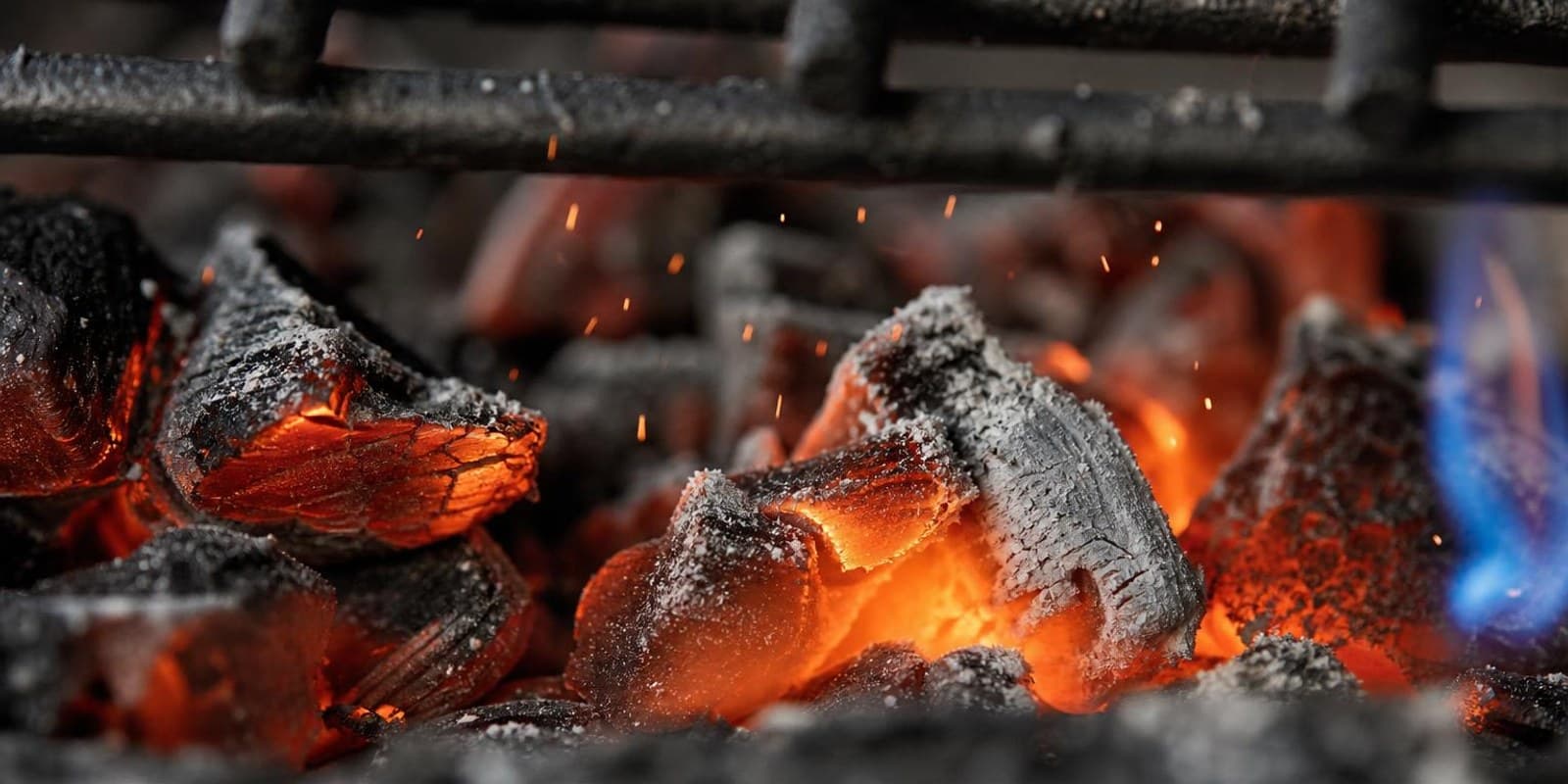 Gluehende Holzkohle unter dem Grillrost mit aufsteigenden Funken in Nahaufnahme.