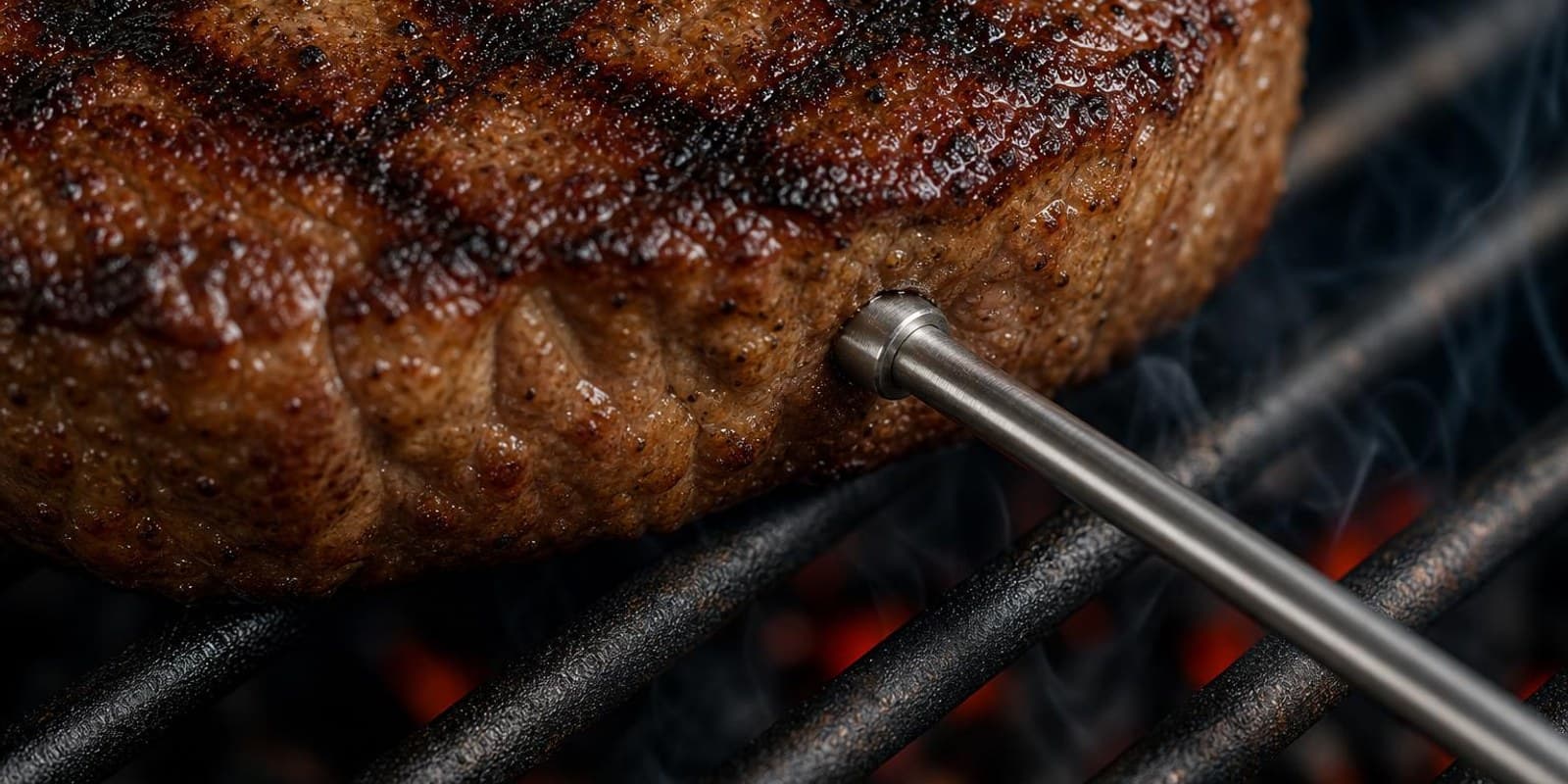 Steak mit Roestmuster auf dem Grill, ein Kernthermometer steckt im Fleisch.