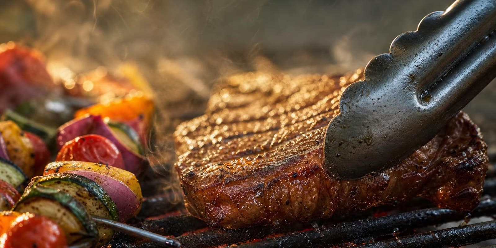 Fleisch, Spiesse und Gemuese brutzeln ueber Glut auf einem Grillrost im Abendlicht.