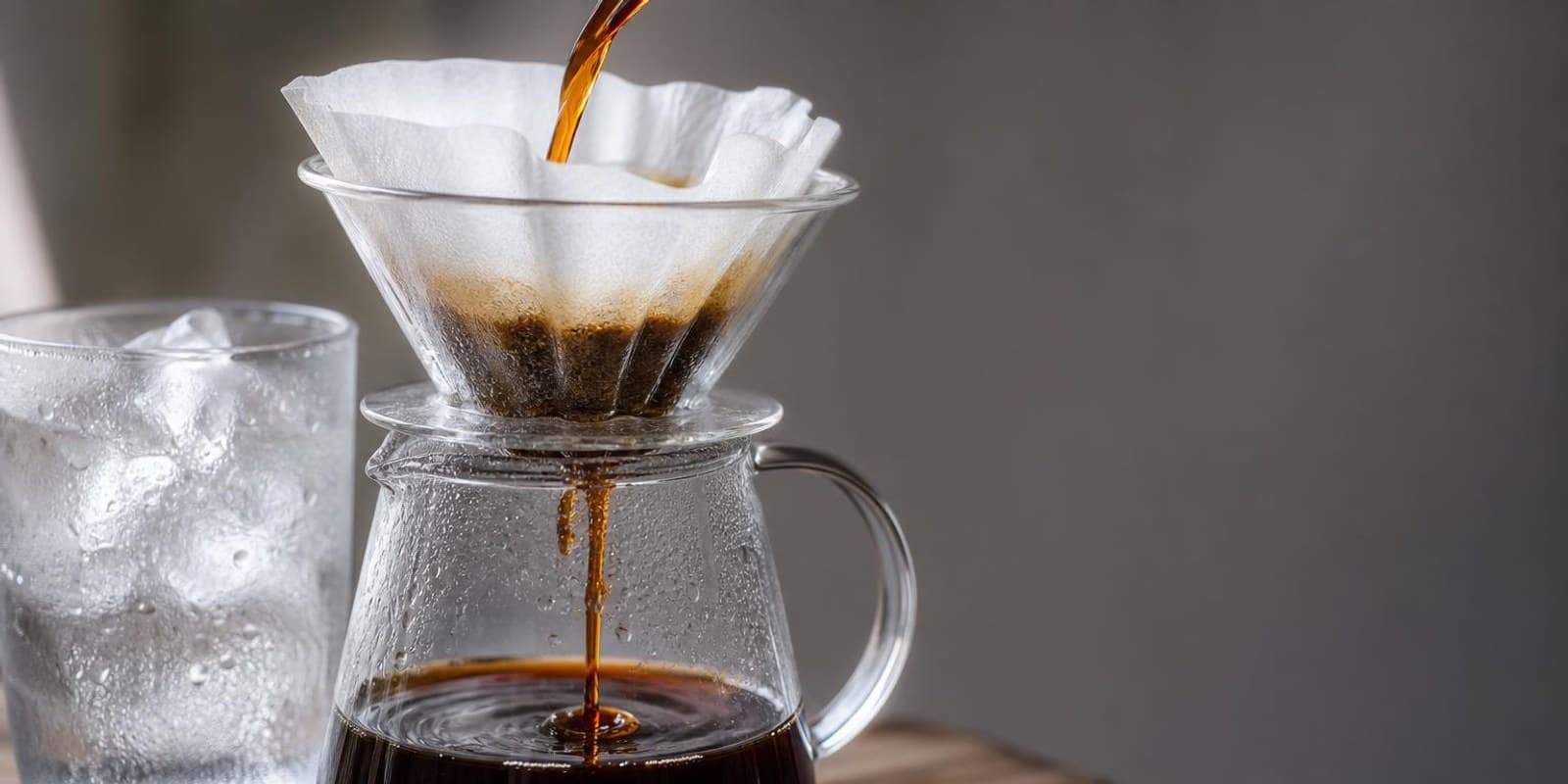 Cold Brew laeuft durch einen Papierfilter in eine Glaskaraffe, daneben ein Glas mit Eis.