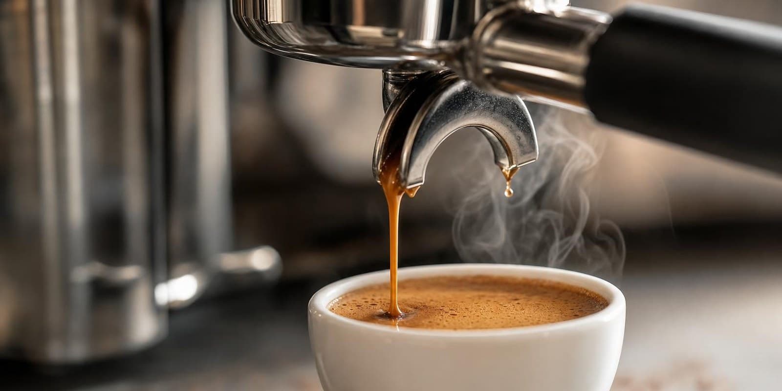 Espresso fliesst aus dem Siebtraeger in eine kleine Tasse, auf der sich goldbraune Crema bildet.