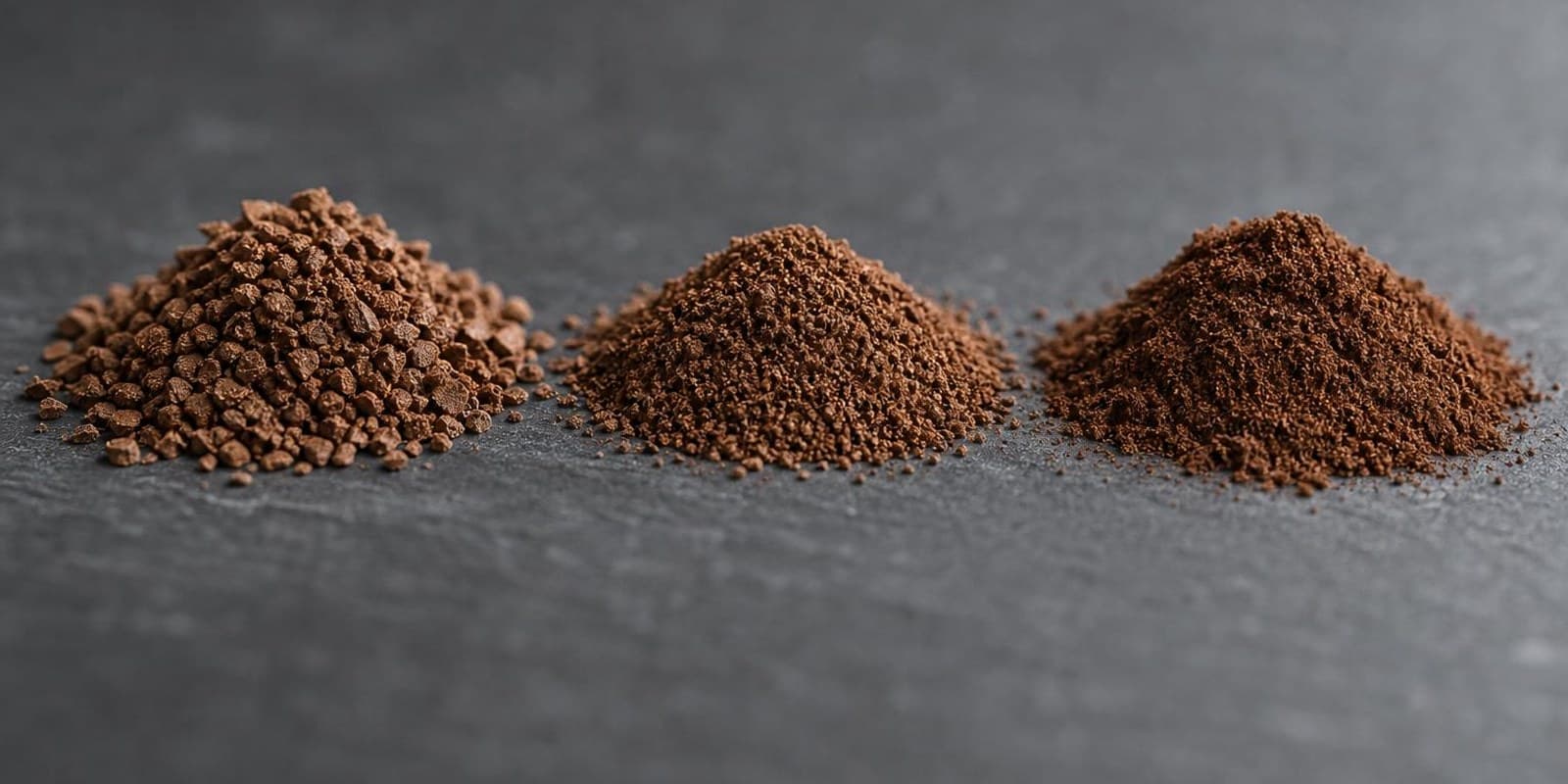 Drei Haeufchen Kaffeemehl von grob bis fein liegen nebeneinander auf dunklem Schiefer.