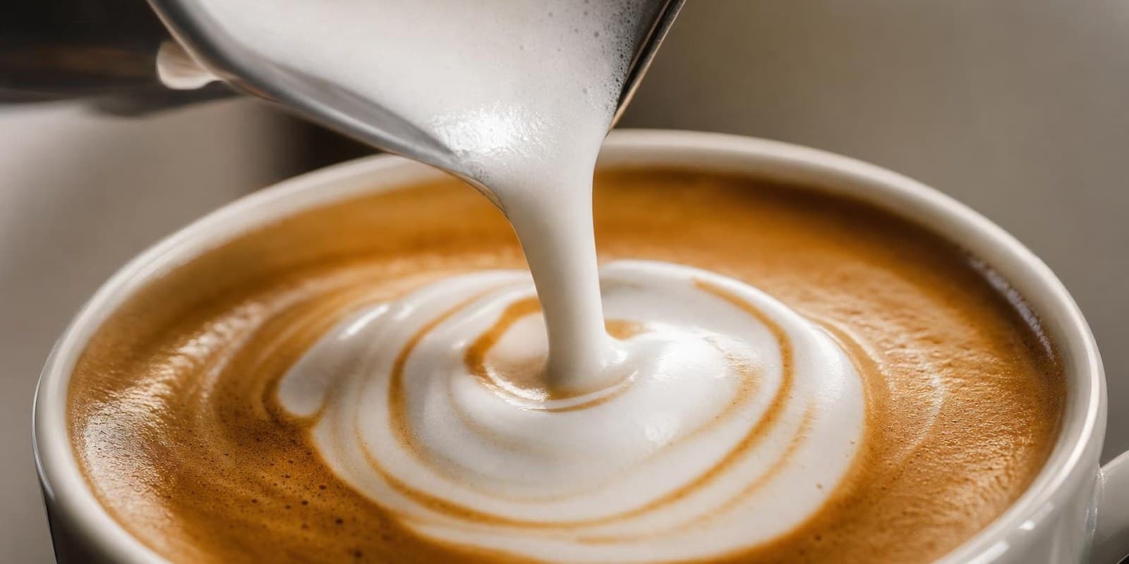Feinporiger Milchschaum wird aus einem Edelstahlkaennchen in eine Cappuccinotasse gegossen.