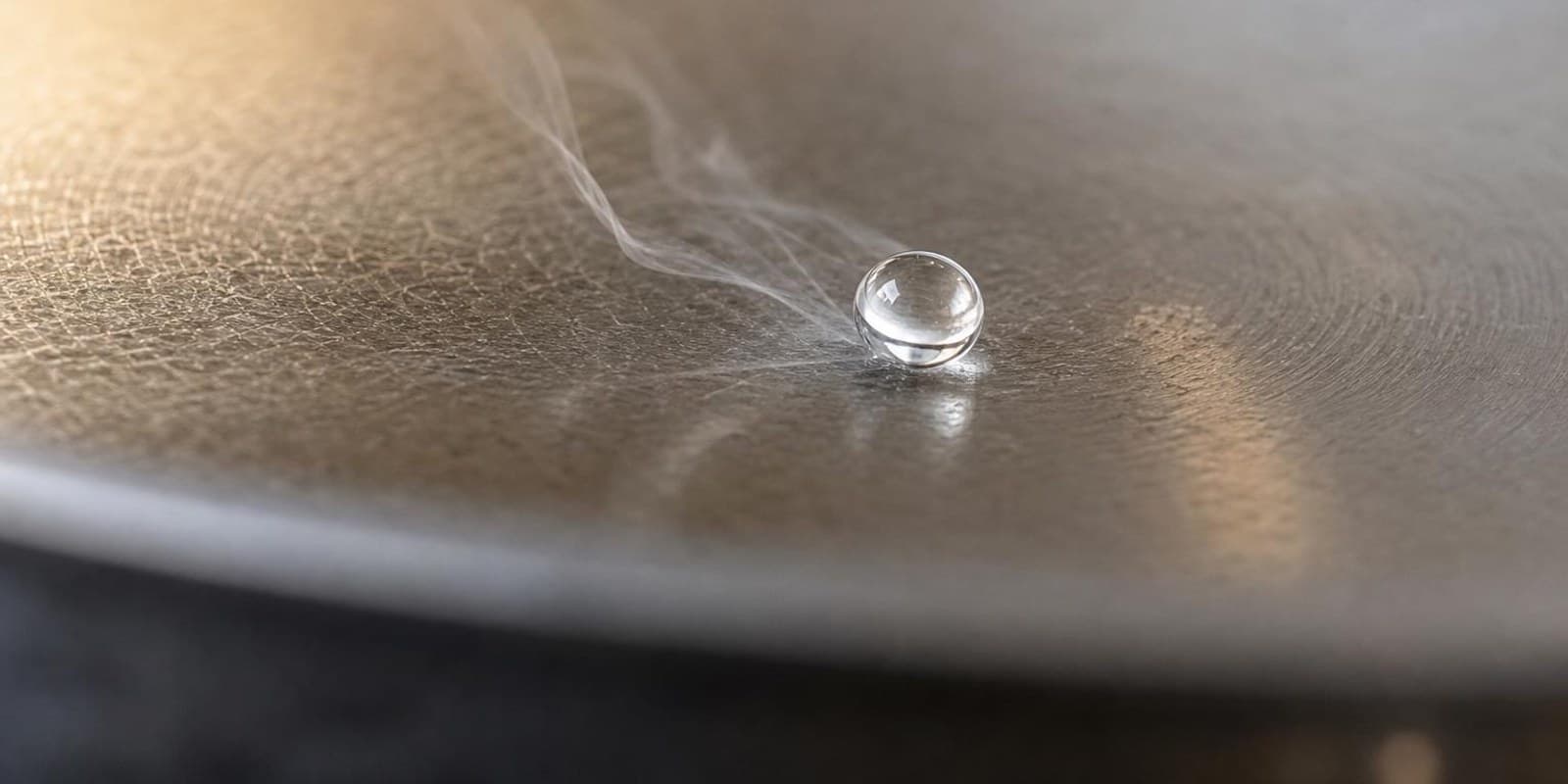 Ein Wassertropfen tanzt als silberne Perle ueber den Boden einer heissen Edelstahlpfanne.