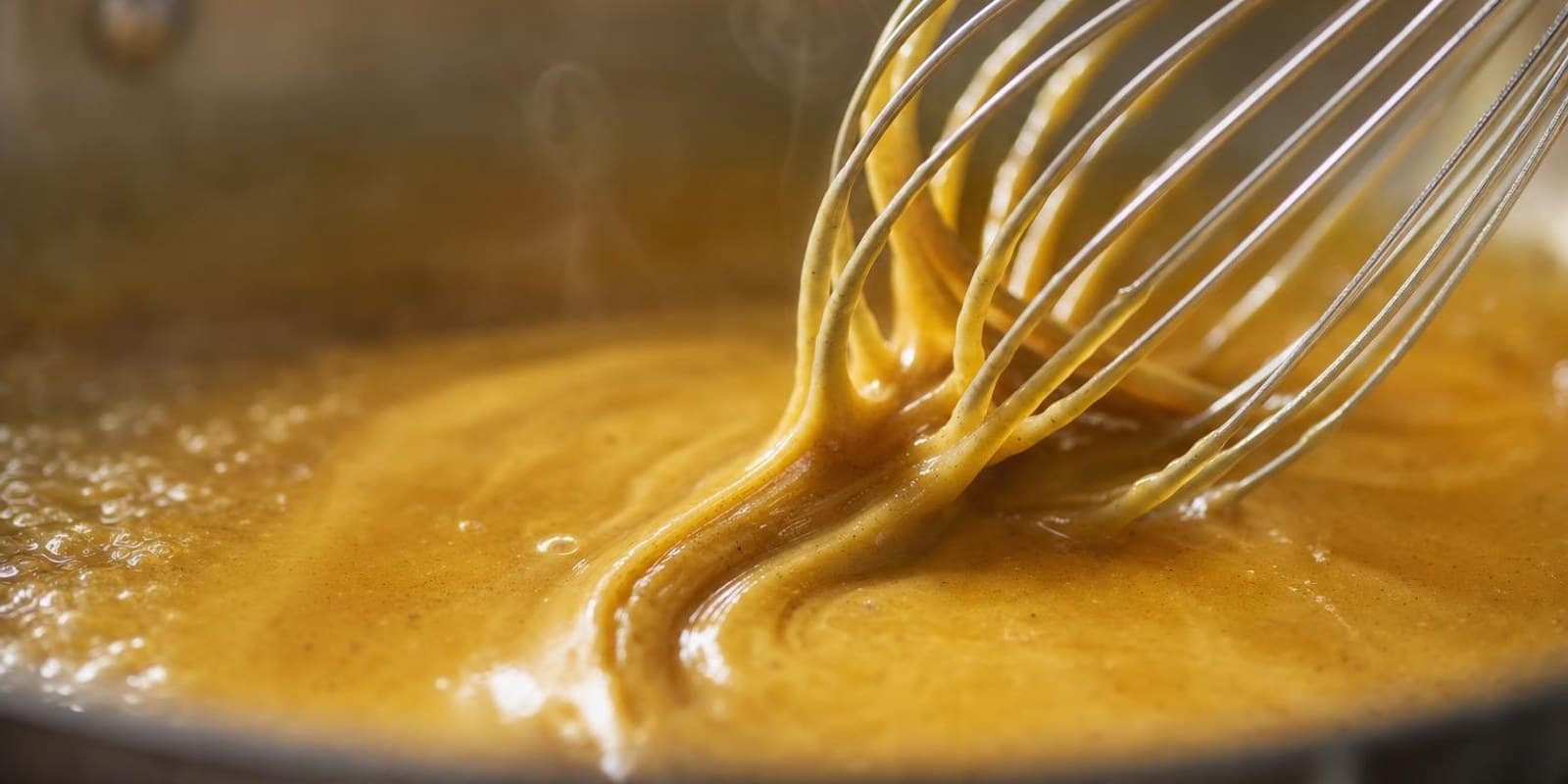 Ein Schneebesen zieht glaenzende Bahnen durch eine goldene Sauce, die in einer Pfanne einkocht.