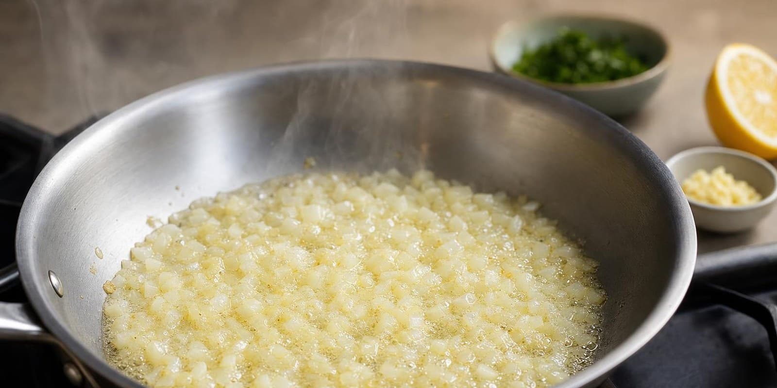 Gewuerfelte Zwiebeln braten glaenzend in Butter, daneben stehen vorbereitete Zutaten in kleinen Schuesseln.