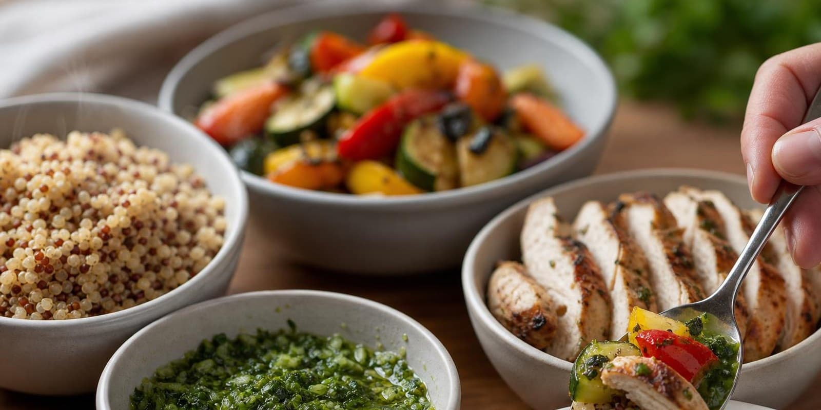 Vier Schuesseln mit Getreide, Gemuese, Fleisch und Sauce als Baukasten fuer viele Gerichte.