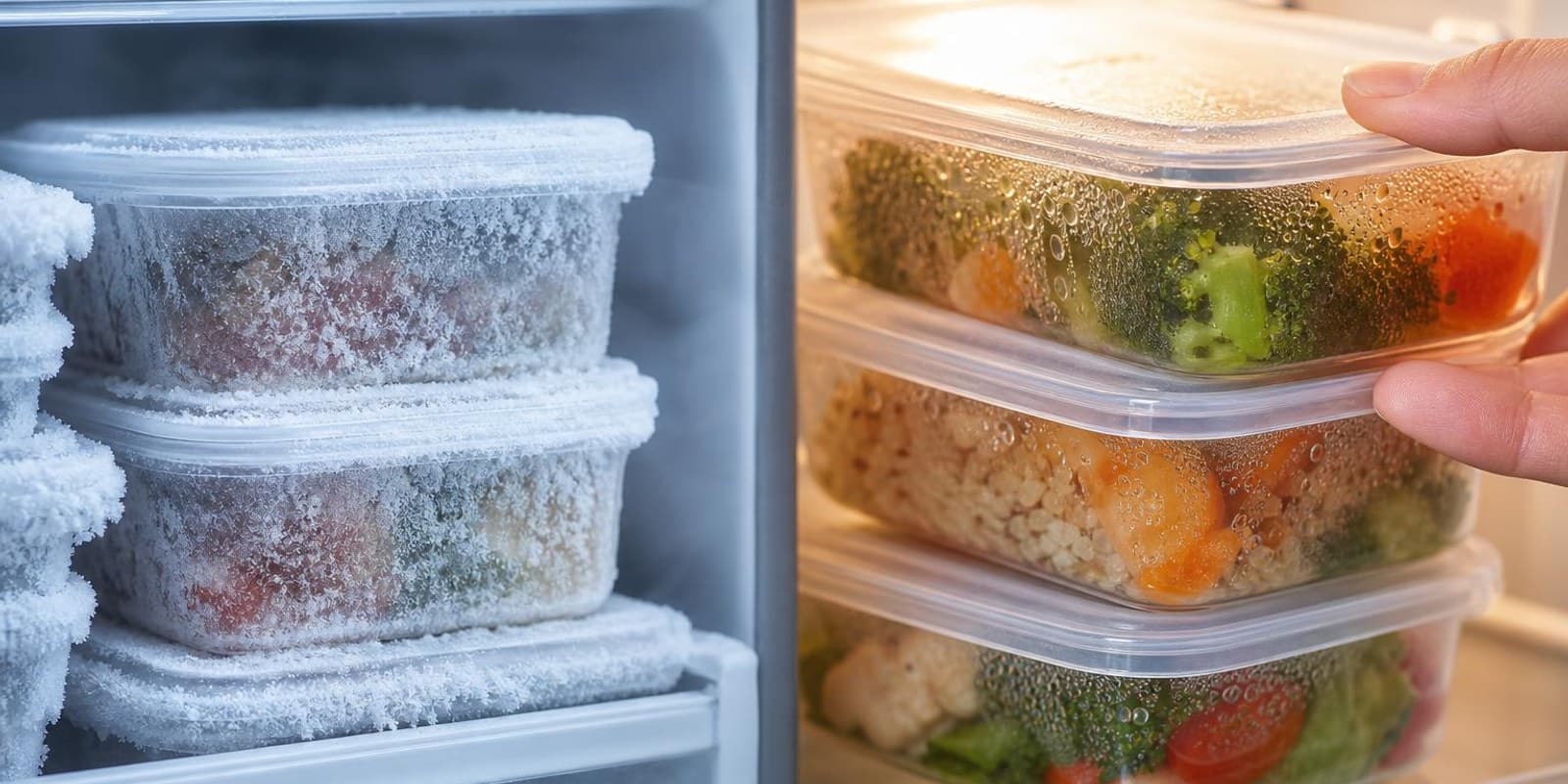 Vorgekochte Gerichte in Boxen werden zwischen frostigem Gefrierfach und Kuehlschrank aufgeteilt.