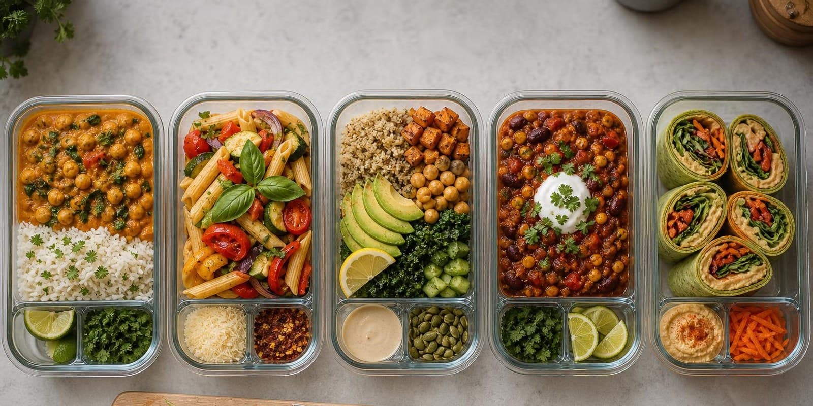 Fuenf Boxen mit bunten vegetarischen Mittagessen fuer die Arbeitswoche stehen in einer Reihe.