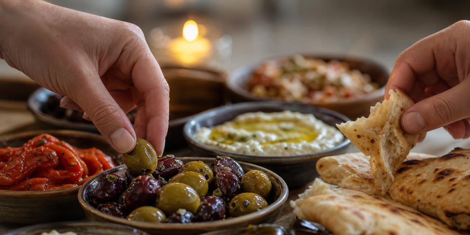 Viele kleine Schalen mit Antipasti und Meze stehen dicht gedraengt auf dem Tisch.