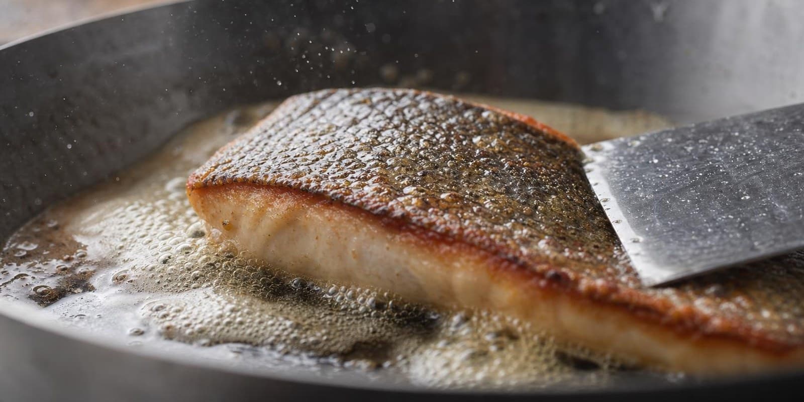 Fischfilet braet mit knuspriger Hautseite in einer heissen Pfanne.