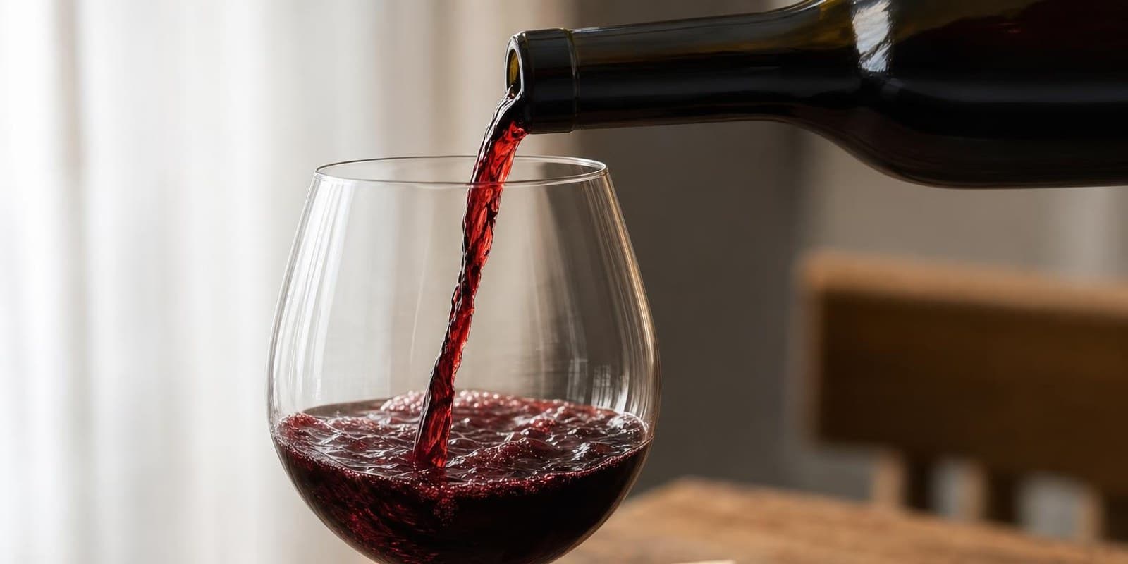 Rotwein wird in ein bauchiges Glas eingeschenkt, Licht scheint durch den fallenden Weinstrahl.
