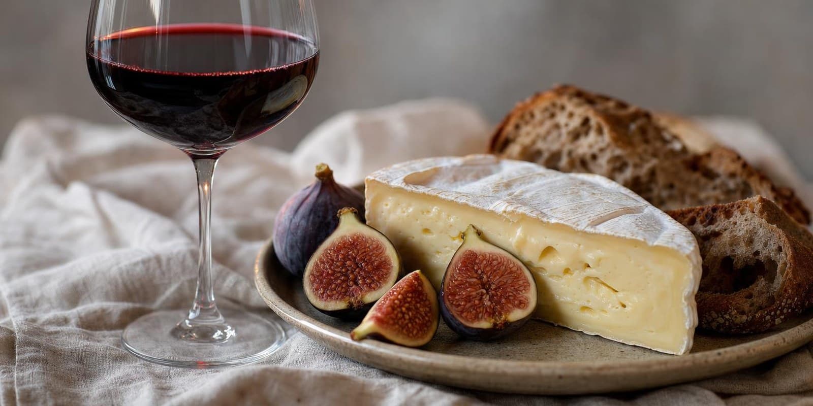 Ein Glas Rotwein steht neben einem Teller mit Kaese, dunklem Brot und Feigen auf einem Leinentuch.