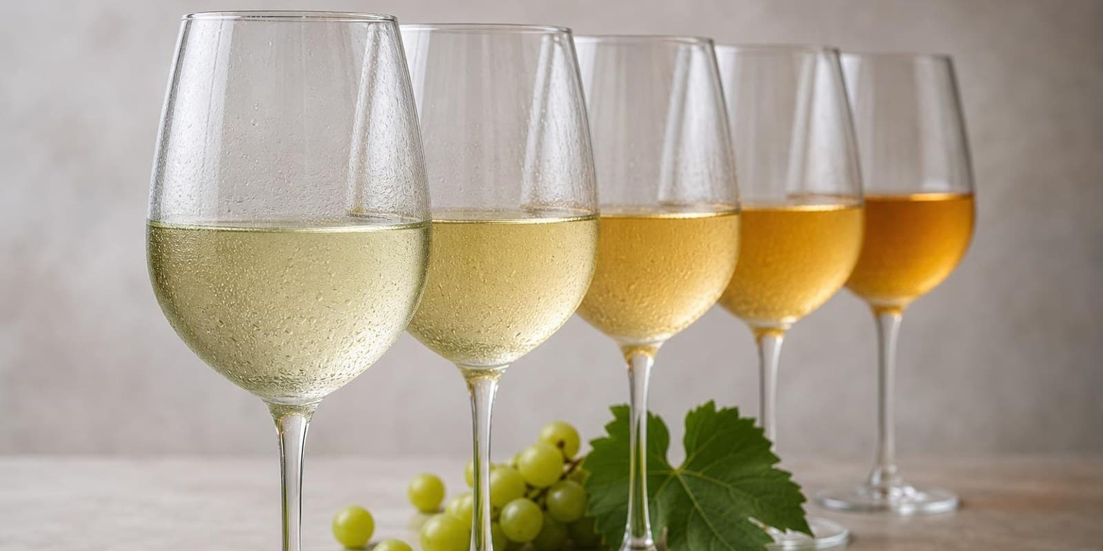 Fuenf Glaeser Weisswein in unterschiedlichen Goldtoenen stehen in einer Reihe neben Trauben und Rebblatt.