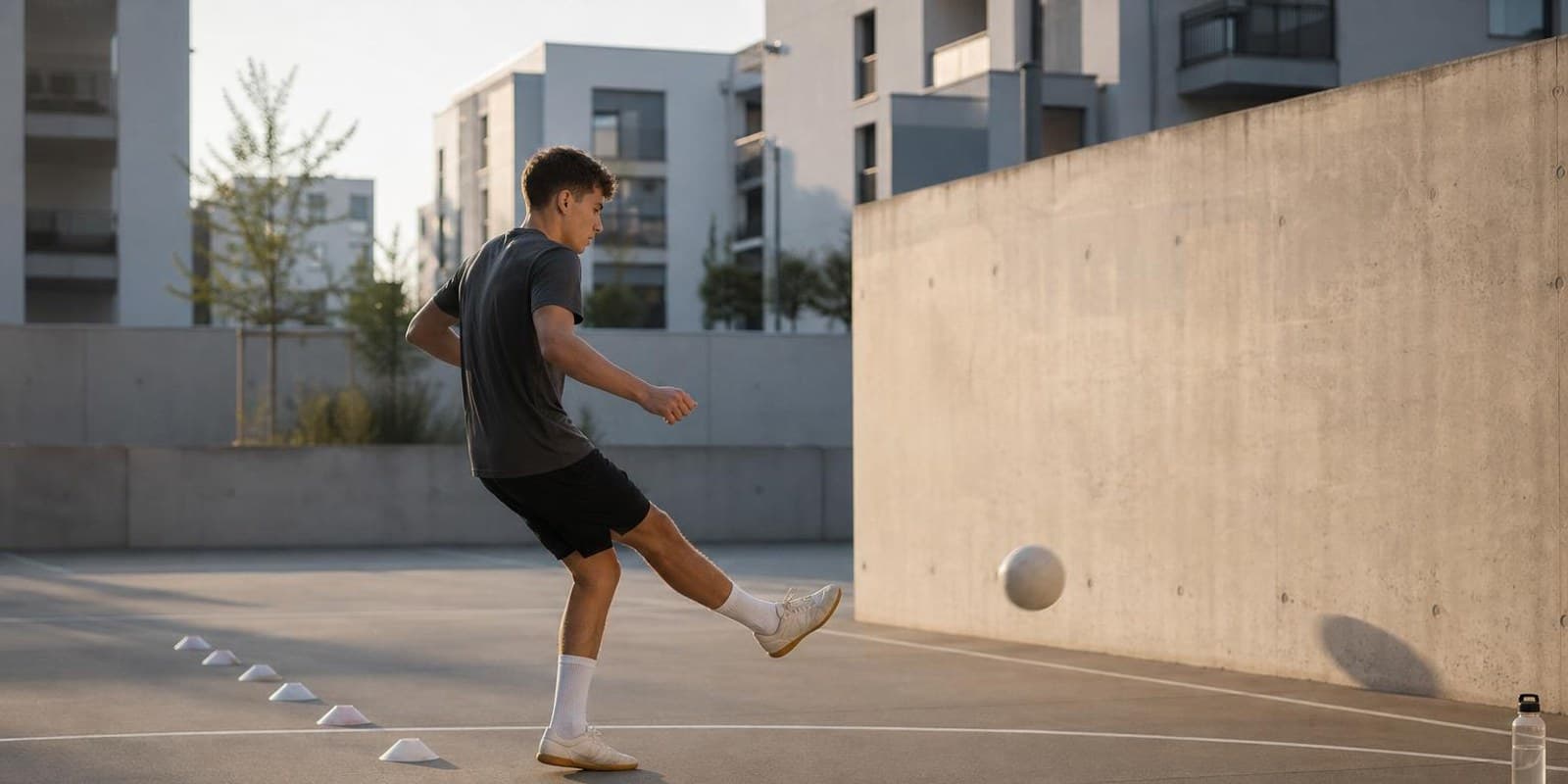 Spieler trainiert allein Passspiel gegen eine Betonwand, Huetchen stehen hinter ihm bereit.