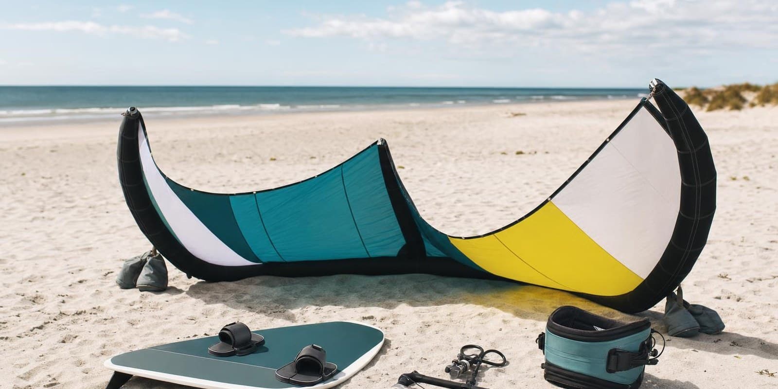 Kite, Board, Bar mit Leinen und Trapez liegen ordentlich aufgereiht am Sandstrand.