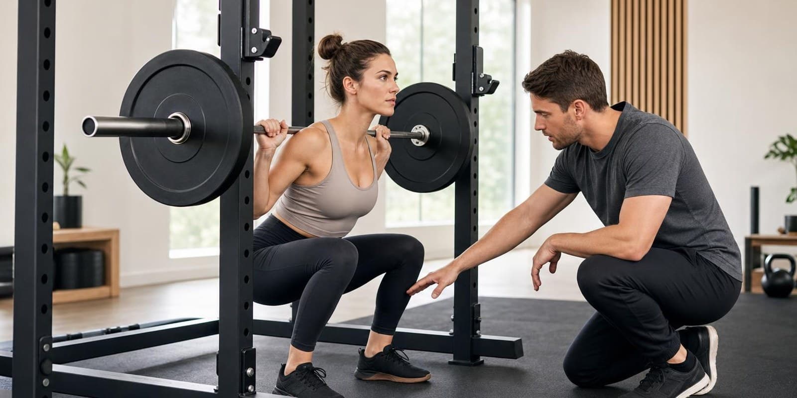 Eine Frau haelt die tiefe Position einer Langhantel-Kniebeuge, waehrend ein Trainer ihre Technik prueft.