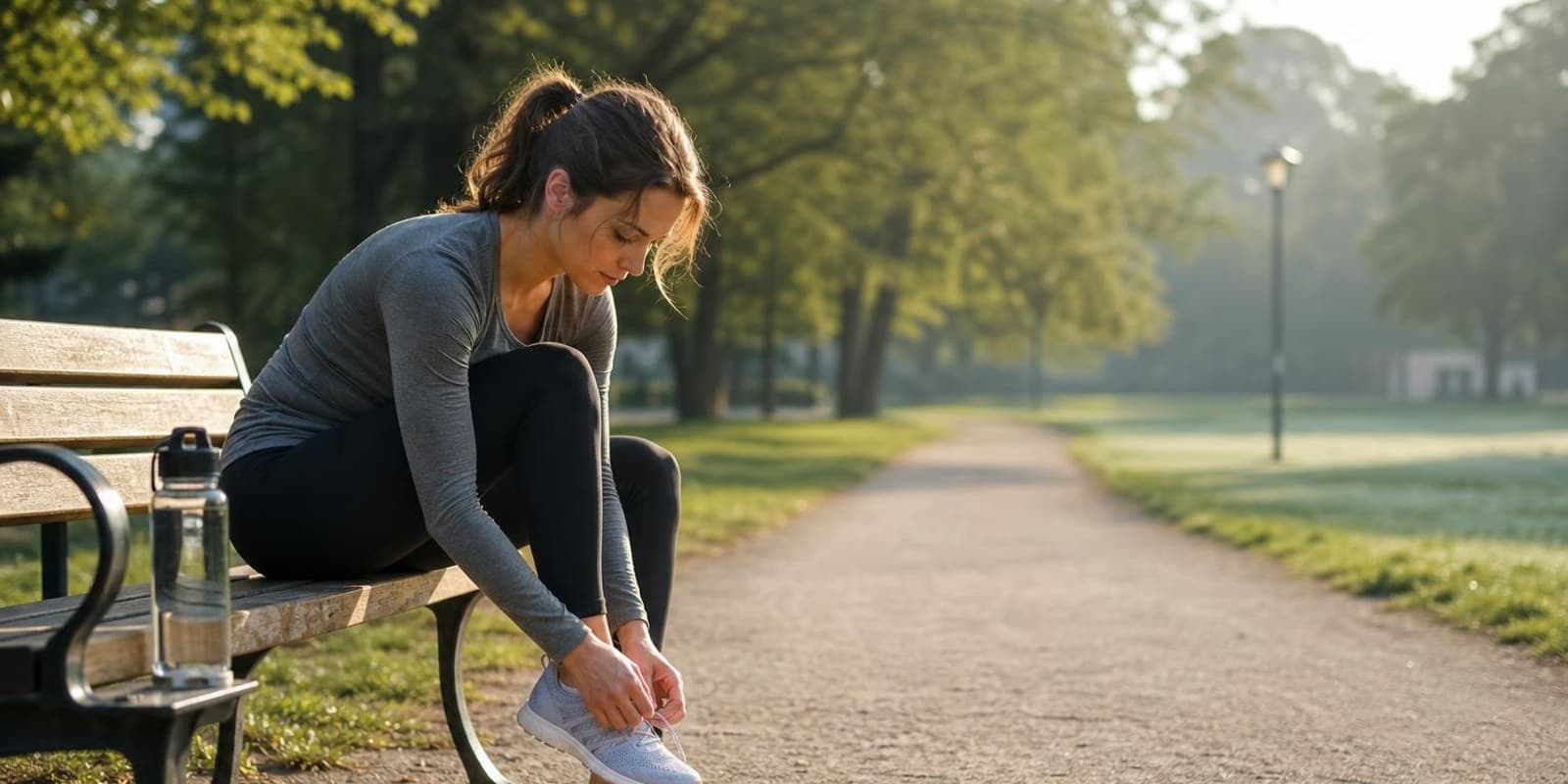 Laeuferin bindet sich am Morgen im Park die Schuhe vor dem Lauf.