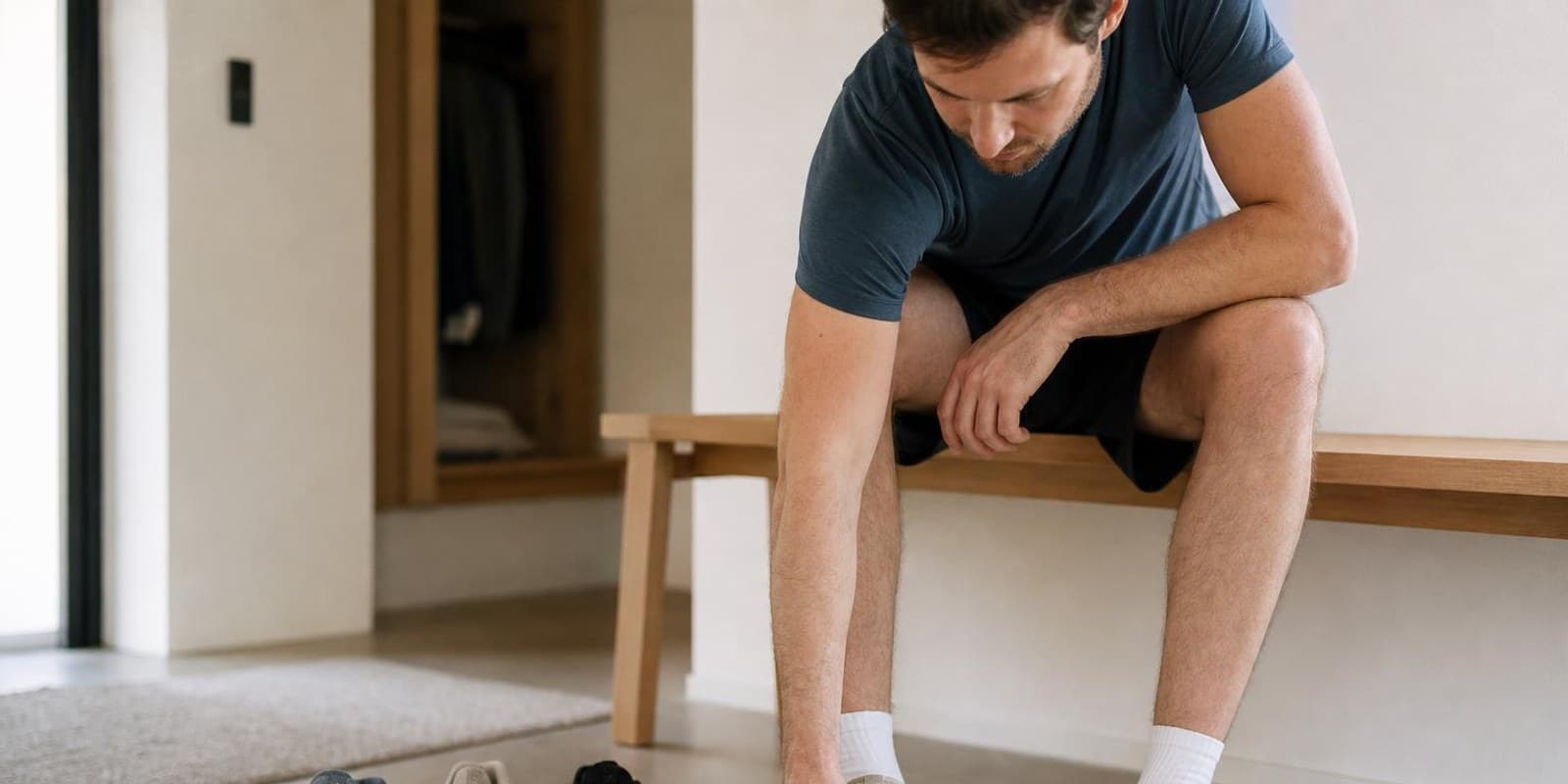 Mann prueft beim Anprobieren die Passform eines Laufschuhs, weitere Schuhe stehen daneben.