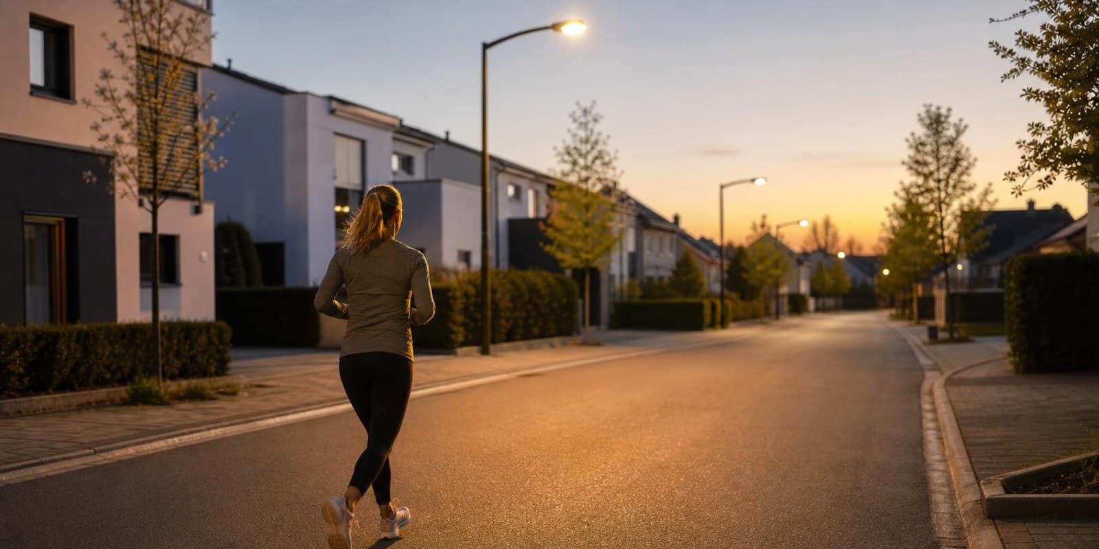 Laeuferin unterwegs im Morgengrauen auf einer noch leeren Strasse vor dem Fruehstueck.