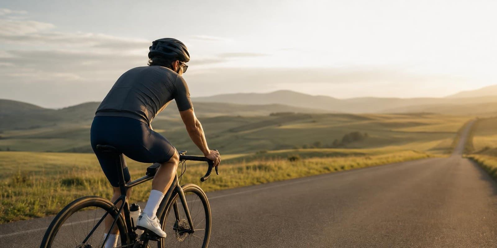 Rennradfahrerin faehrt am Morgen auf einer langen Landstrasse ihrer ersten grossen Tour.