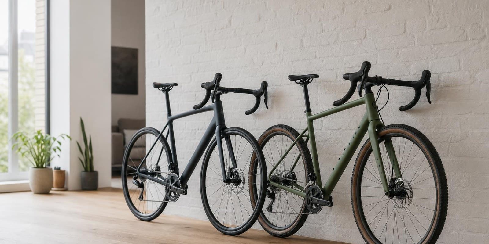 Rennrad und Gravelbike lehnen zum Vergleich nebeneinander an einer Ziegelwand.