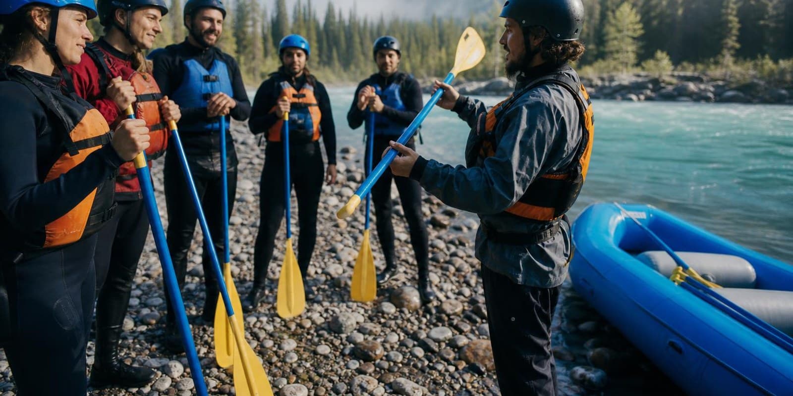 Guide erklaert einer Gruppe in Neopren und Helmen am Ufer den Ablauf der ersten Raftingtour.