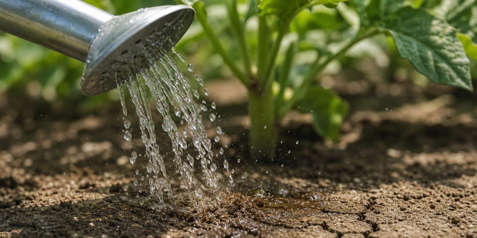 Wasser aus der Giesskanne zieht in trockene, rissige Beeterde am Fuss einer Pflanze ein.