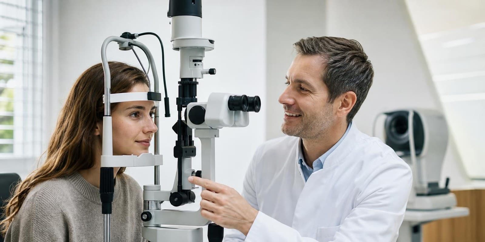Augenaerztin erklaert einer Patientin an der Spaltlampe die Voruntersuchung fuer eine Laser-Korrektur.