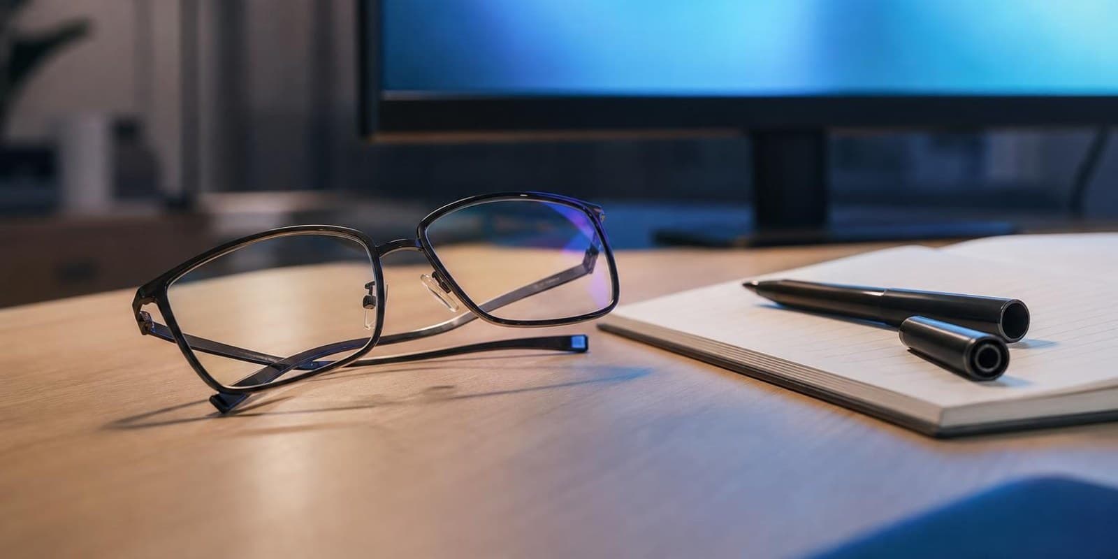 Brille mit leicht getoenten Glaesern liegt abends vor einem leuchtenden Monitor.