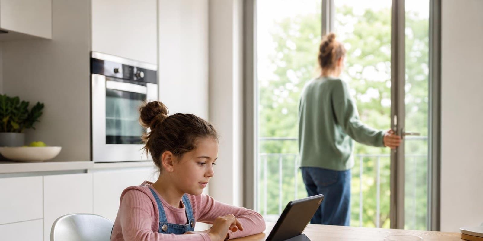 Kind schaut mit Abstand auf ein Tablet, ein Elternteil oeffnet die Tuer zum hellen Balkon.