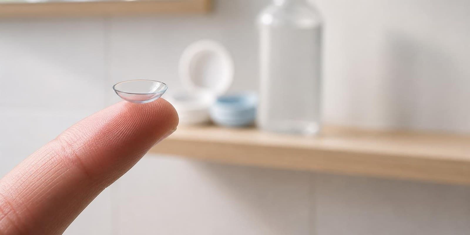 Weiche Kontaktlinse liegt auf einer Fingerspitze, dahinter stehen Behaelter und Pflegemittel.