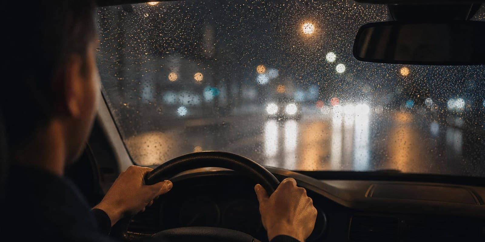 Blick aus dem Auto bei Nacht, entgegenkommende Scheinwerfer verschwimmen zu Lichtkreisen.