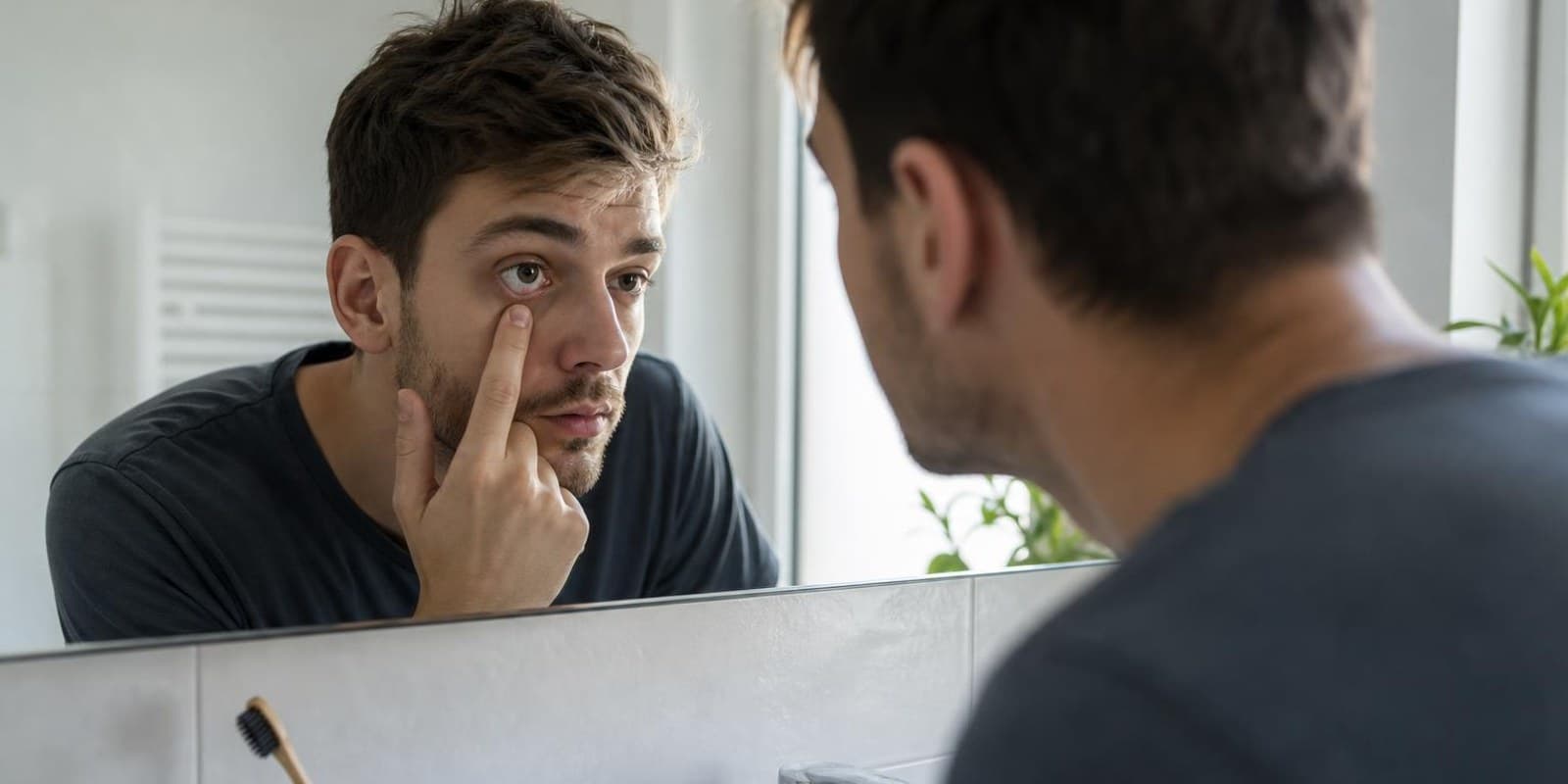 Mann prueft morgens vor dem Spiegel mit einem Finger vorsichtig sein leicht muedes Auge.