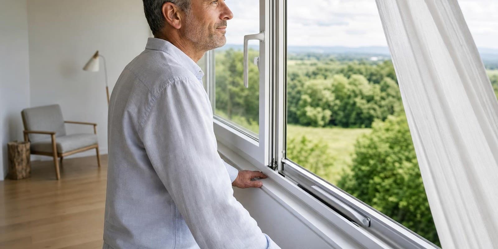 Ein Mann blickt entspannt aus einem offenen Fenster in die gruene Ferne.