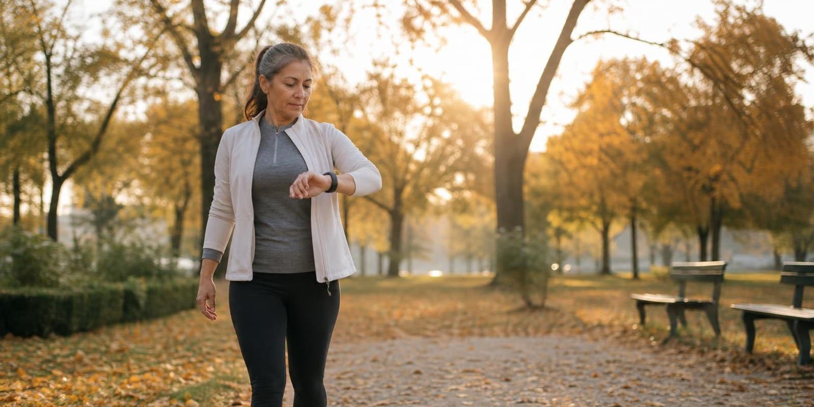 Frau geht zuegig durch einen herbstlichen Park und wirft einen Blick auf ihre Fitnessuhr.
