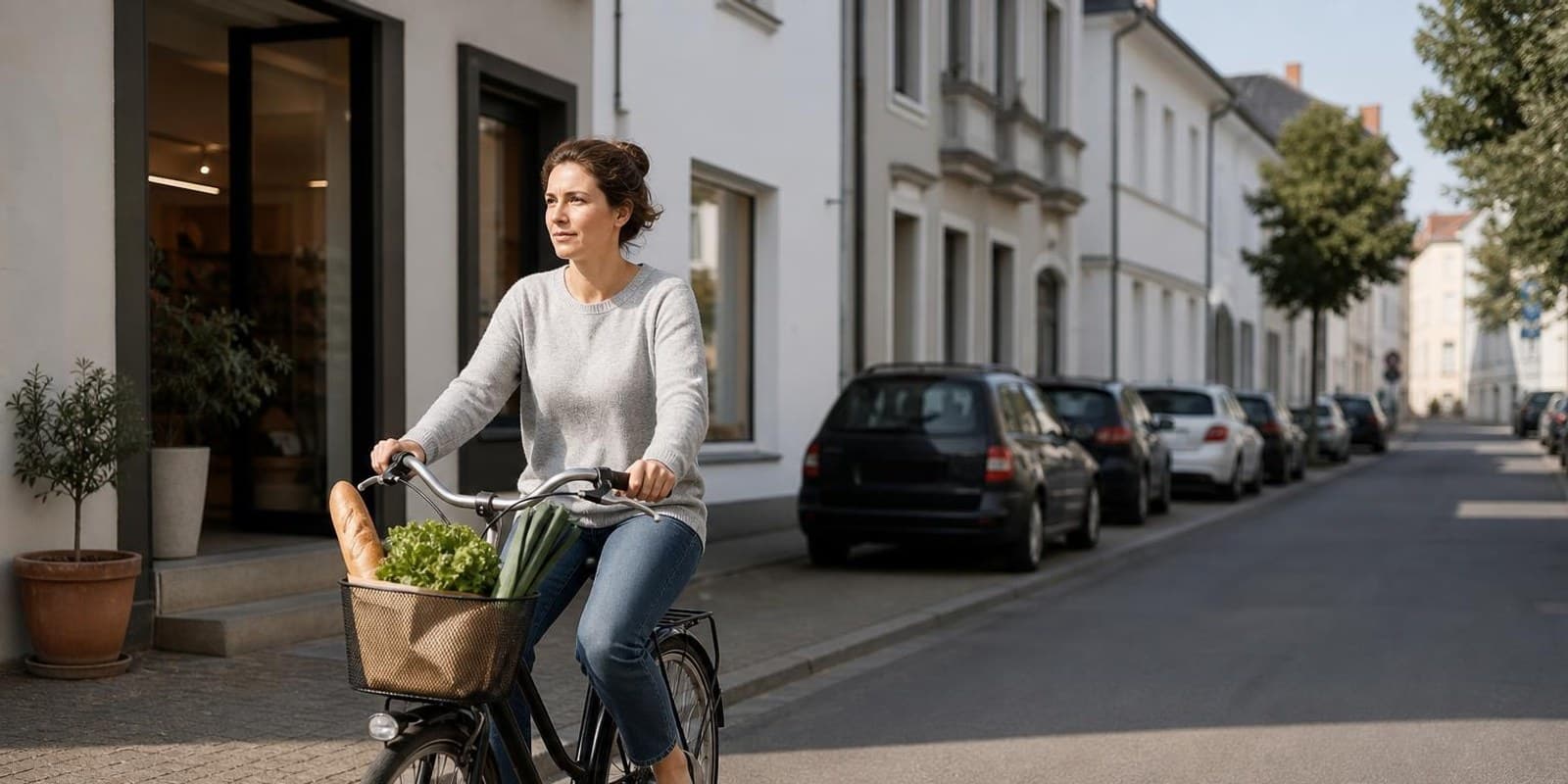 Frau faehrt in Alltagskleidung mit Einkaeufen im Fahrradkorb durch eine ruhige Stadtstrasse.
