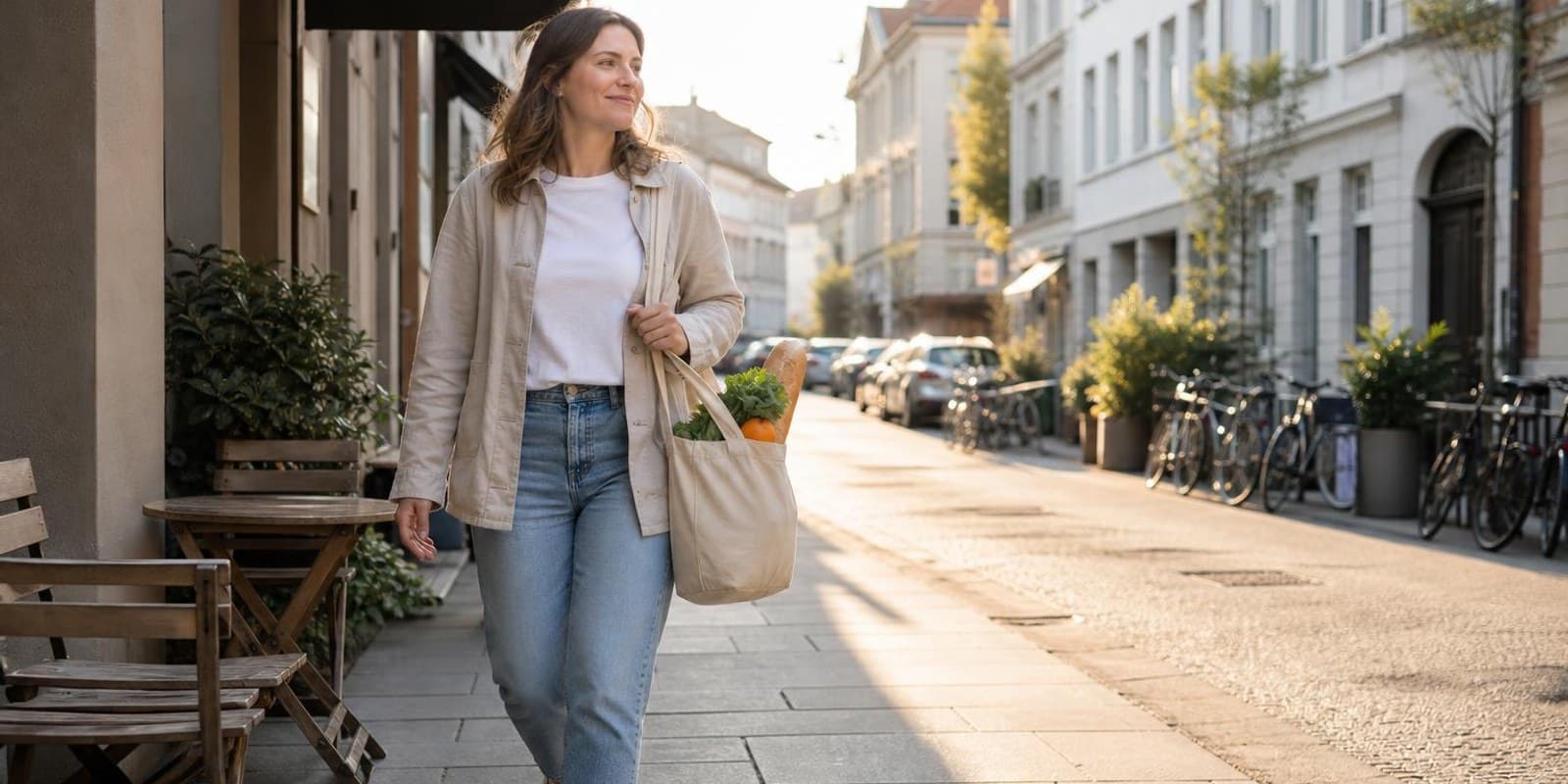 Frau geht mit Einkaufstasche schwungvoll eine sonnige Stadtstrasse entlang.